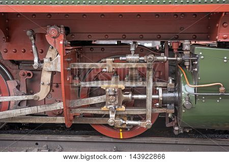 Steam locomotive detail with cranks and wheels
