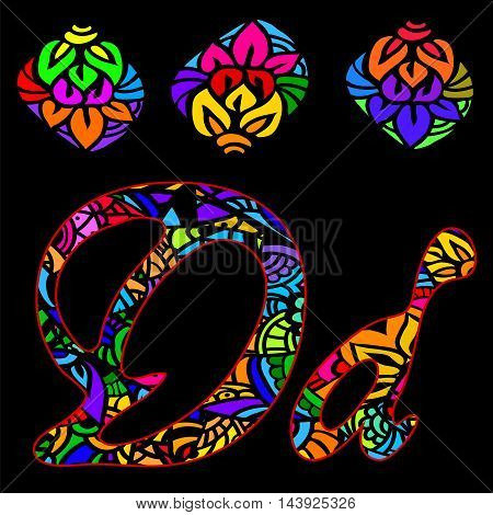 vector capital and small letters A with abstract ethnic patterns. Rich ornate alphabet in orient style. Fancy multicolored letter with a decorative pattern can be used for printing on fabric card
