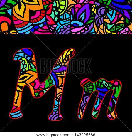 vector capital and small letters M with abstract ethnic patterns. Rich ornate alphabet in orient style. Fancy multicolored letter with a decorative pattern can be used for printing on fabric card