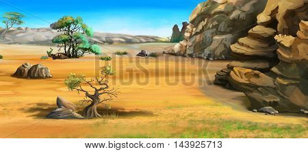 Digital Painting Illustration of a African landscape with trees near the mountains. Cartoon Style Character Fairy Tale Story Background.