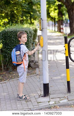 Little 7 Years Schoolboy Pressing A Button On Traffic Lights