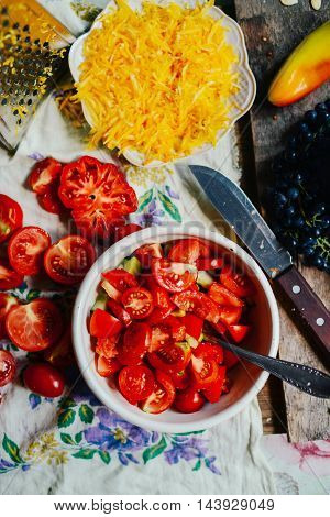 Tomato On Wooden Table. Freshly Picked Red Tomatoes. Variation O