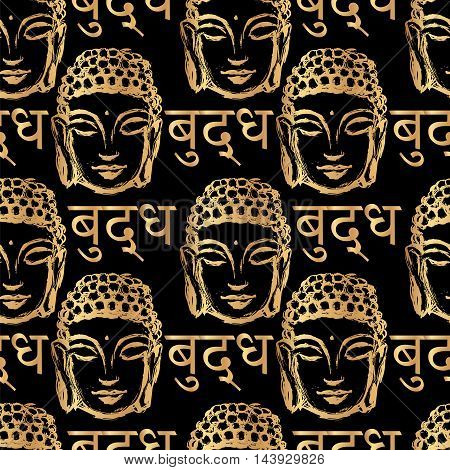 seamless pattern of golden Buddha head and the inscription on the language of Nepal - Buddha on a black background