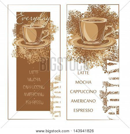 coffee background for coffee menu with a cup coffee pot and coffee crumbles. it is suitable for shop cafe restaurant