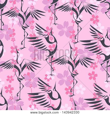 Seamless wallpaper with dancing shadoof on a background of sakura blossoms.