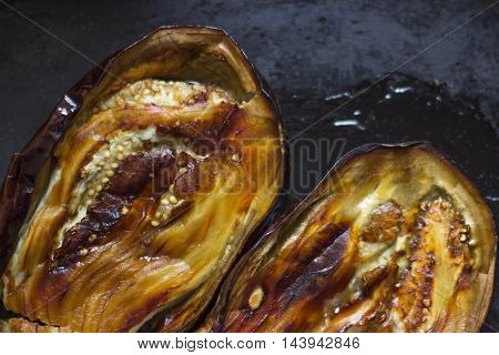 Plane eggplant baked in the oven prepared for salad