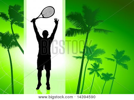Tennisspieler auf grünen tropischen Hintergrund Original Vektor-Illustration