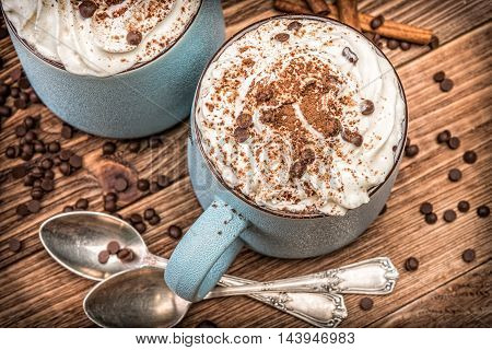 Hot chocolate with whipped cream in mug
