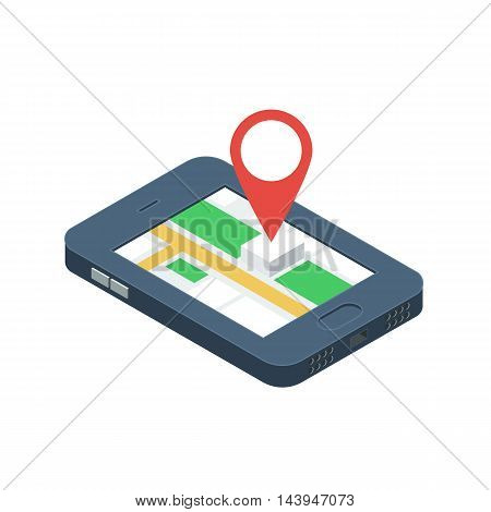 Mobile GPS navigation concept. Isometric Smartphone with city map application and marker pin pointer. Vector illustration isolated for white background