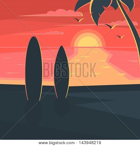 Sunset on the beach with surf and palm tree. Sea landscape. Seagulls in the sky at sunset. Vector illustration design for web banner, print promotional materials or greeting cards