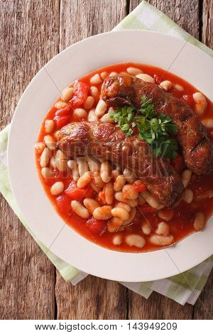 Beans With Grilled Sausage, Traditional European Homemade Meal. Vertical Top View