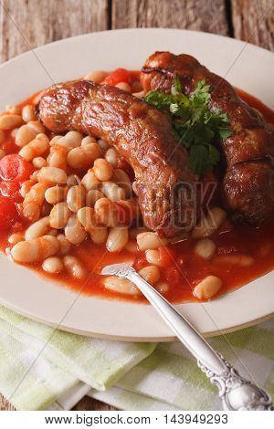 Sausages With Beans In Tomato Sauce Close-up. Vertical