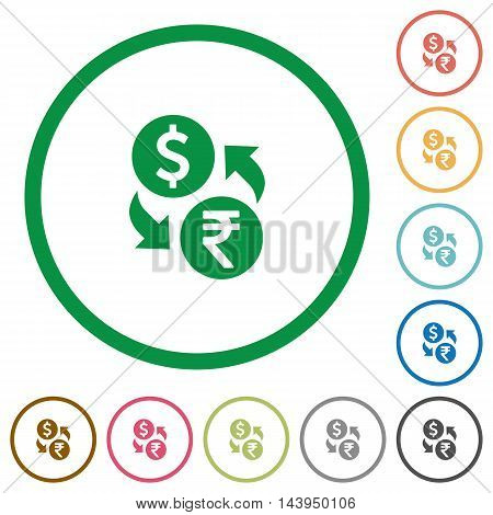 Set of Dollar Rupee exchange color round outlined flat icons on white background