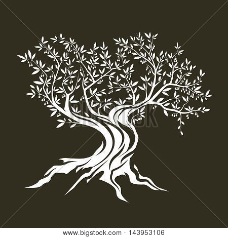 Olive tree silhouette icon isolated on green background.