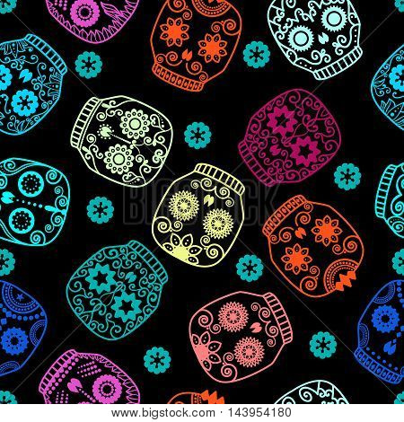 Sugar skull seamless pattern. Halloween background. Day of the dead vector illustration.