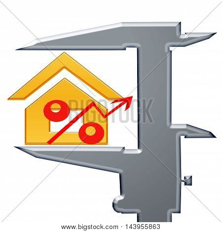 Red percent sign and мeasuring tool . The concept of price changes on the real estate market .