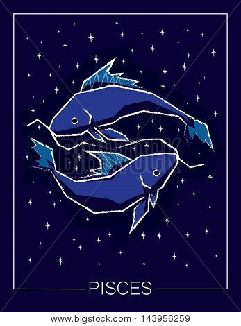 Zodiac sign Pisces on night starry sky background. Vector illustration.