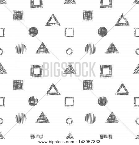 Seamless vector black and white geometrical pattern. Endless background with different hand drawn geometric figures.