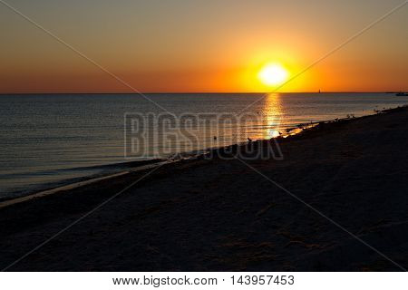 Sea and grass silhouettes in the evening sunset Ukraine, steppe region, Kinburn spit