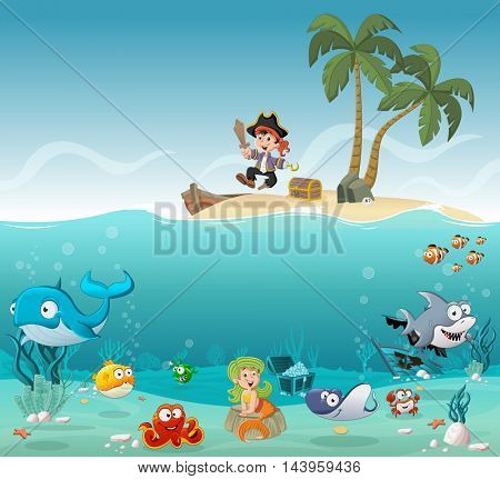 Tropical island with cartoon pirate boy with fish and mermaid under water. 
