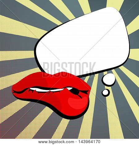 Vector colored icons sexy womens shiny red lips bite lip white teeth white cloud rectangle rounded corners background vintage comment retro style pop art. Illustration hand drawn