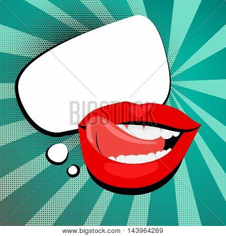 Vector colored icons sexy shiny red lips open mouth tongue teeth. White cloud rectangle rounded corners background vintage retro message style pop art. Illustration hand drawn