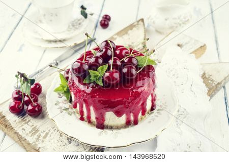 Cherry Cheesecake on Plate