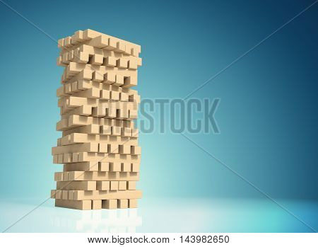3D rendering Block wood game with a copy space and clipping paths on a blue gradians background.