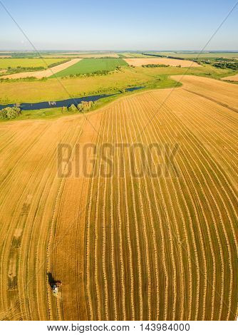Harvester machine working in field . Combine harvester agriculture machine harvesting golden ripe wheat field. Agriculture. Aerial view. From above.