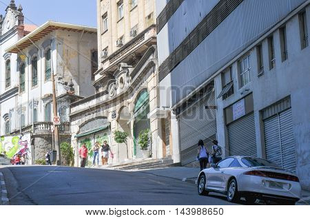 Street Called Riachuelo  Street In Downtown In The City Of Sao Paulo, And Background Buildings