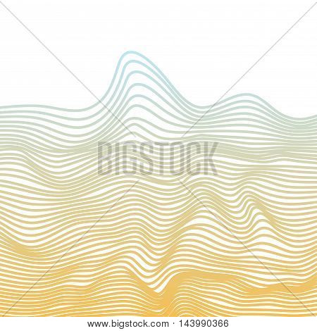 Abstract vector texture of curving narrow stripes in blue and yellow visual halftone effect illusion of movement dynamical ripply surface. Distressed background of lines. Isolated linear texture.