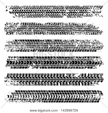 Tire tracks with grunge texture. Rubber, transportation, speed print. Vector illustration