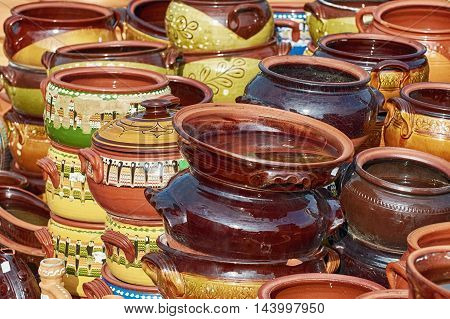 A Lot of Earthenware Crockery on the Pottery Market