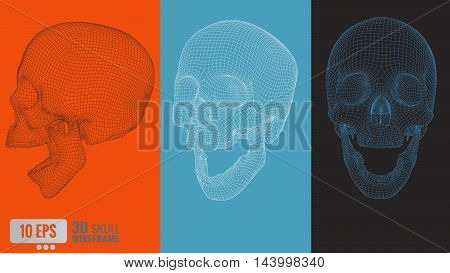 3D polygonal vector wireframe graphic skull in various view