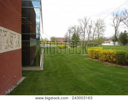 Rear Glass Windows And Lawn Of Pilgrim Library, Defiance College, Defiance, Oh, April 25, 2005