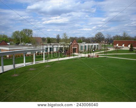 Aerial Elevated View Of Hubbard Hall And Mccann Center, Defiance College, Defiance, Oh, April 25, 20