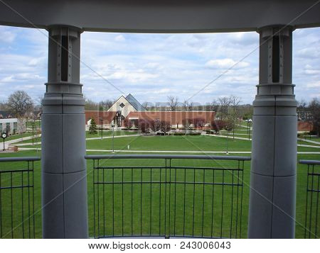 The Pilgrim Library As Seen Through Two Stone Columns, Defiance College, Defiance, Oh, April 25, 200