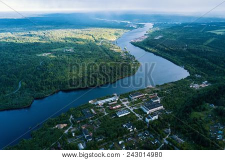 Aerial view of the Svir river early in the morning, Leningrad region, Russia. 