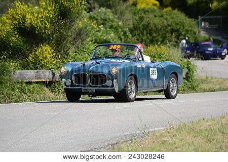 Pesaro Colle San Bartolo , Italy - May 17 - 2018 : Fiat 1100 Tv Trasformabile	1955 Old Racing Car In