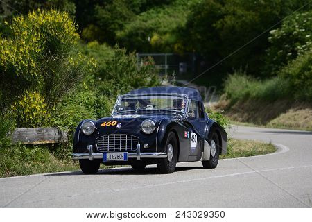 Pesaro Coole San Bartolo , Italy - May 17 - 2018 : Triumph Tr 3 Sports 1957 On An Old Racing Car In 