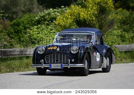 Pesaro Coole San Bartolo , Italy - May 17 - 2018 : Triumph Tr 3 Sports 1957 On An Old Racing Car In 