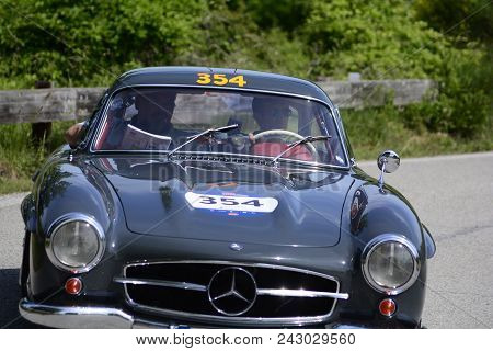 Pesaro Coole San Bartolo , Italy - May 17 - 2018 : Mercedes-benz 300 Sl CoupÉ (w198) 1955 On An Old 