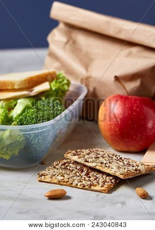Back To School Concept, School Supplies, Assortment Of Biscuits, Paper Paper With Food And Transpare