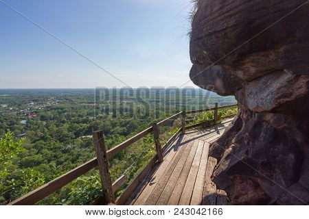Beautiful Scenery Of  Wooden Pathway Along The Cliff With Blue Sky Background, Phu Thok, Bueng Kan, 