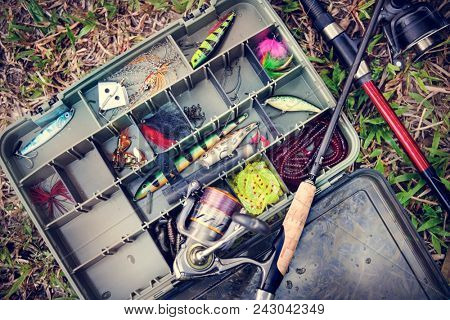 Aerial view of tackle box on the ground