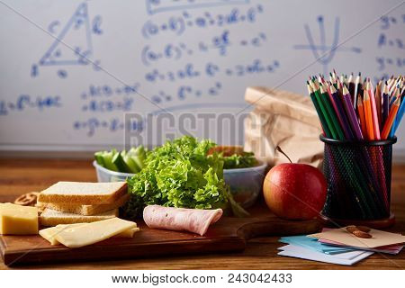 Back To School Concept, School Supplies, Assortment Of Biscuits, Paper Paper With Food And Transpare