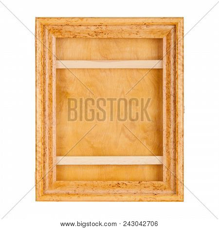 Golden Natural Color Is An Empty Lacquered Wooden Frame For Photographs, Paintings Or Ikon. Isolated