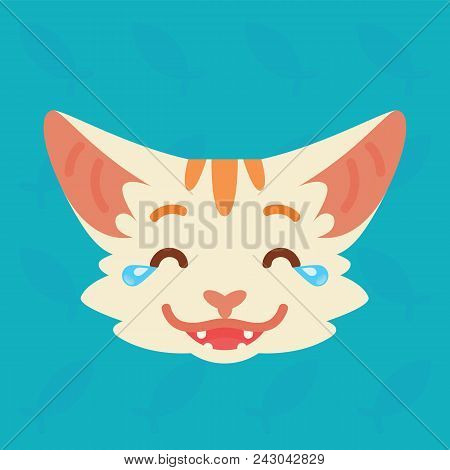 Cat Emotional Head. Vector Illustration Of Cute Kitty Shows Nicker With Tears Emotion. Laugh Out Lou