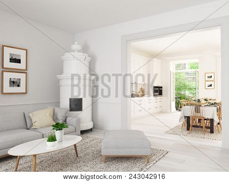 3d Rendering. Living Room With Nordic Kitchen In Loft Apartment.