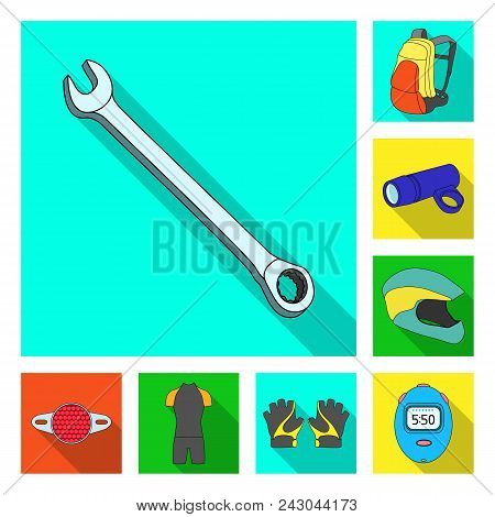 Bicycle Outfit Flat Icons In Set Collection For Design. Bicycle And Tool Vector Symbol Stock  Illust